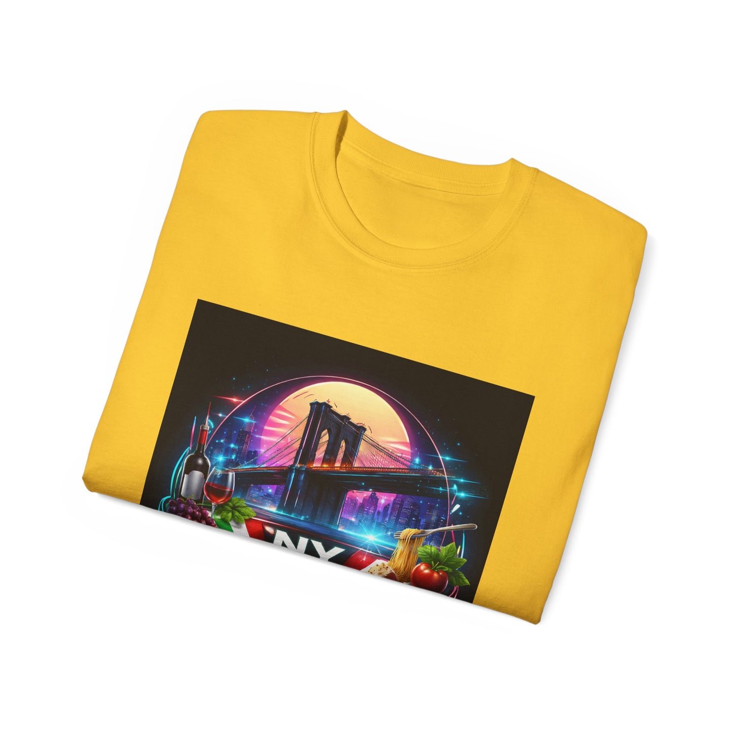 NY Italian Culture T‑Shirt — Retro Neon Brooklyn Bridge Graphic