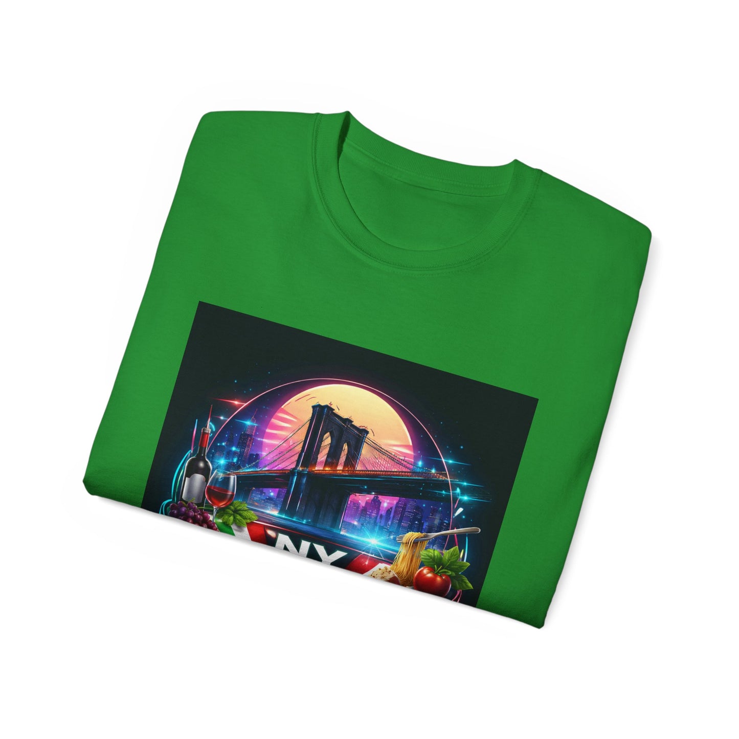 NY Italian Culture T‑Shirt — Retro Neon Brooklyn Bridge Graphic