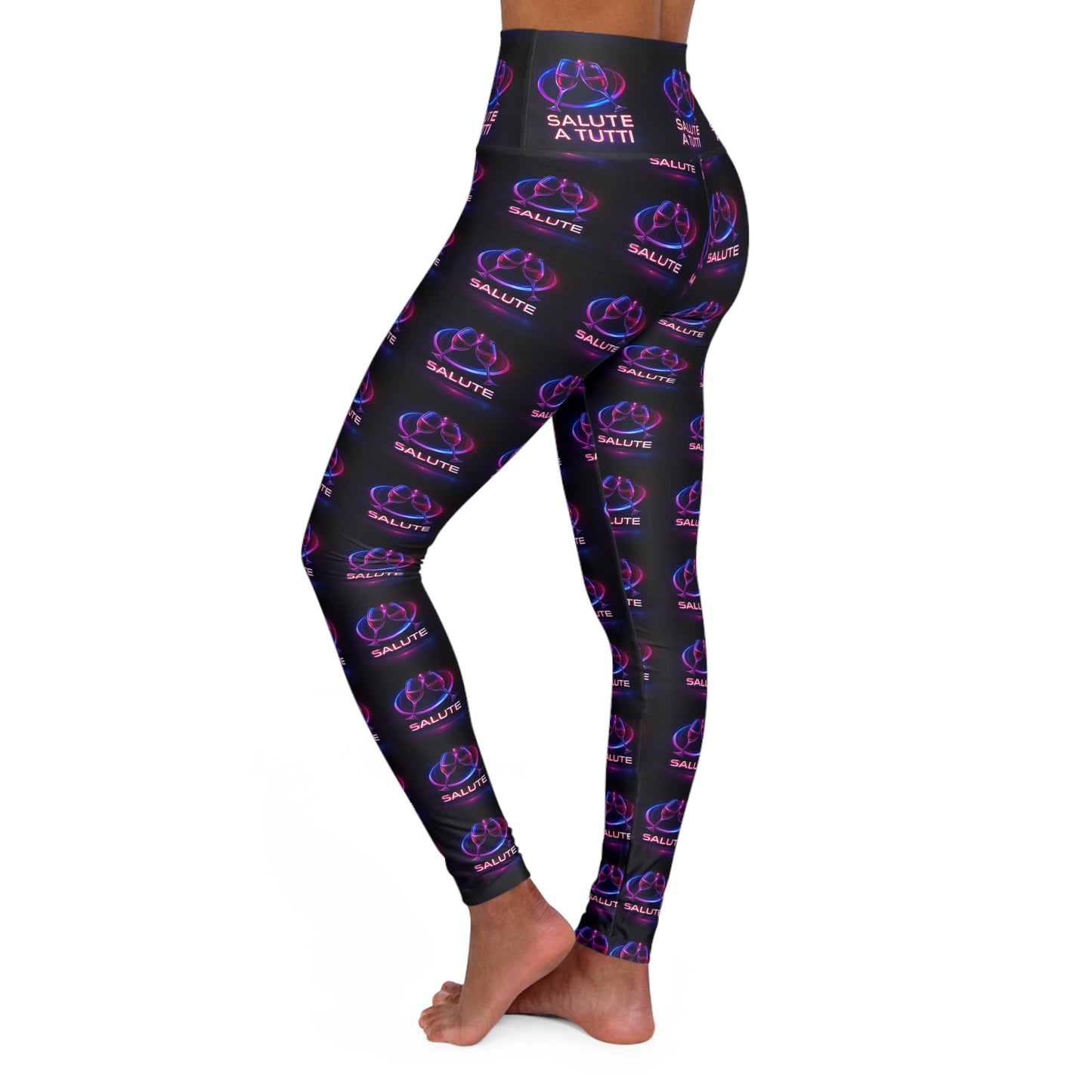 High-Waist Yoga Leggings — Neon ‘Salute a Tutti’ All-Over Print