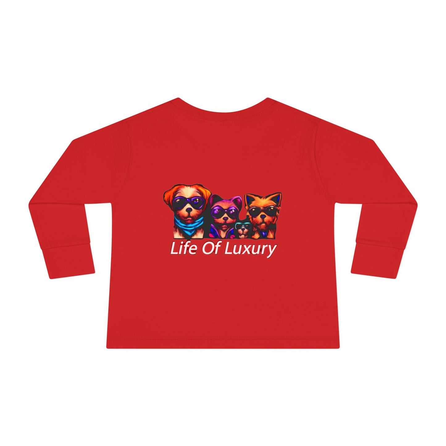 Colorful Toddler Long Sleeve Tee with Fun Dog Design, Life Of Luxury, Cute Pet Shirt, Perfect for Parties, Birthdays, Gift Idea
