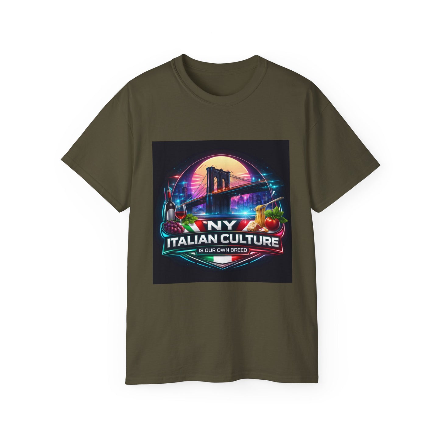 NY Italian Culture T‑Shirt — Retro Neon Brooklyn Bridge Graphic