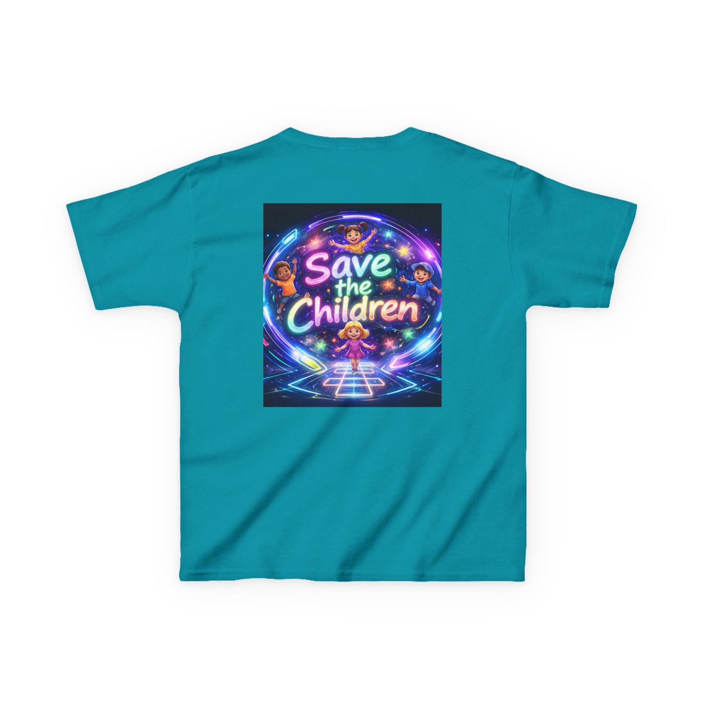 Kids Tee — 'Save the Children' Neon Rainbow Charity Design
