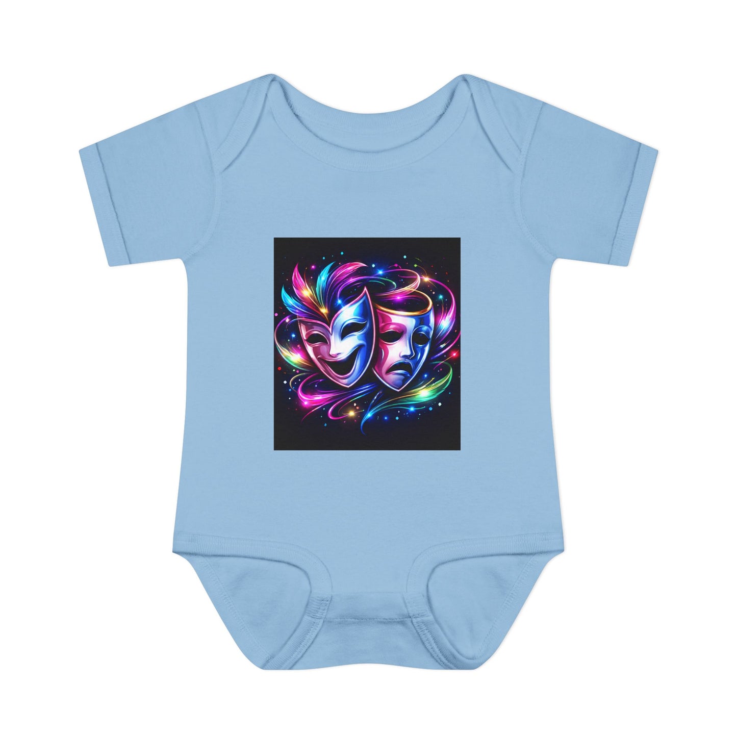 Neon Theatre Masks Infant Bodysuit — Colorful Drama Baby Onesie