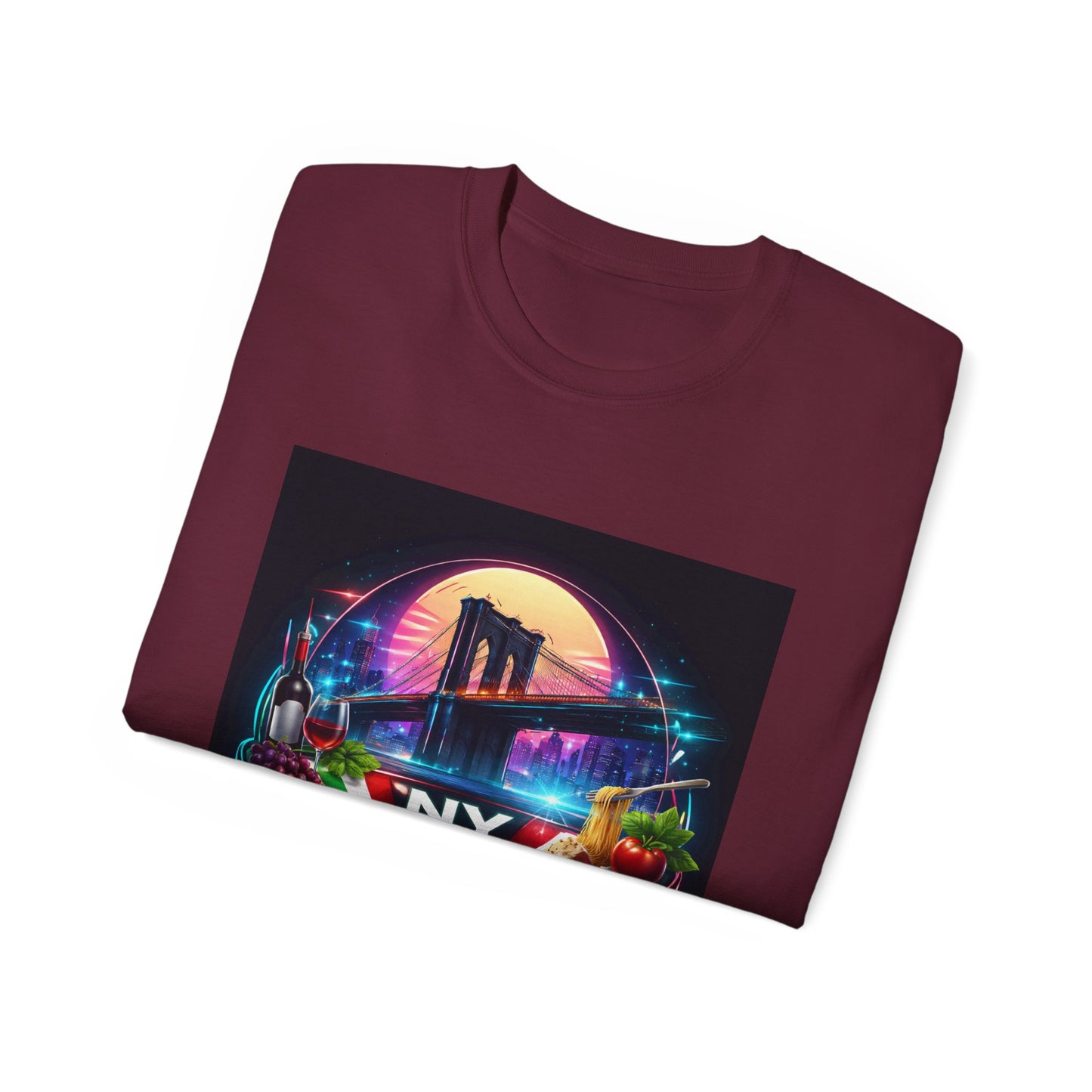 NY Italian Culture T‑Shirt — Retro Neon Brooklyn Bridge Graphic