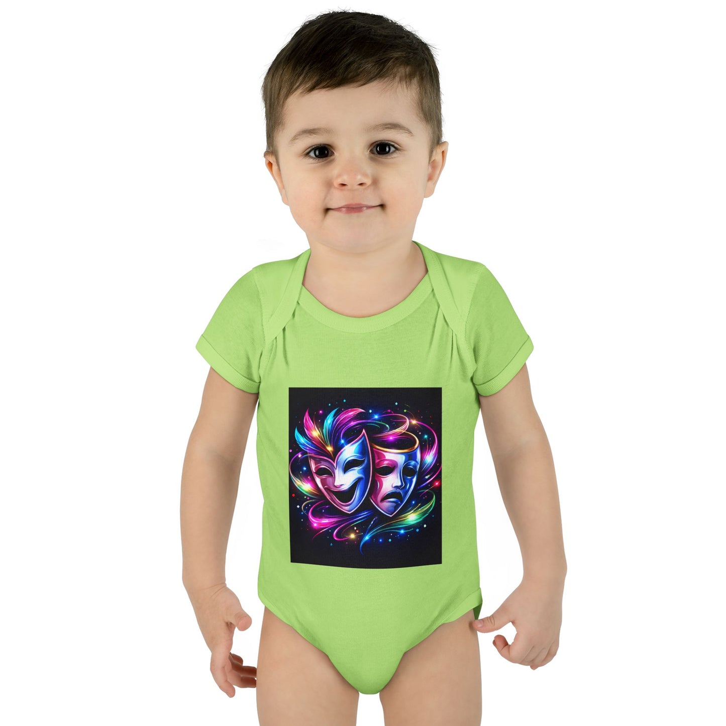 Neon Theatre Masks Infant Bodysuit — Colorful Drama Baby Onesie