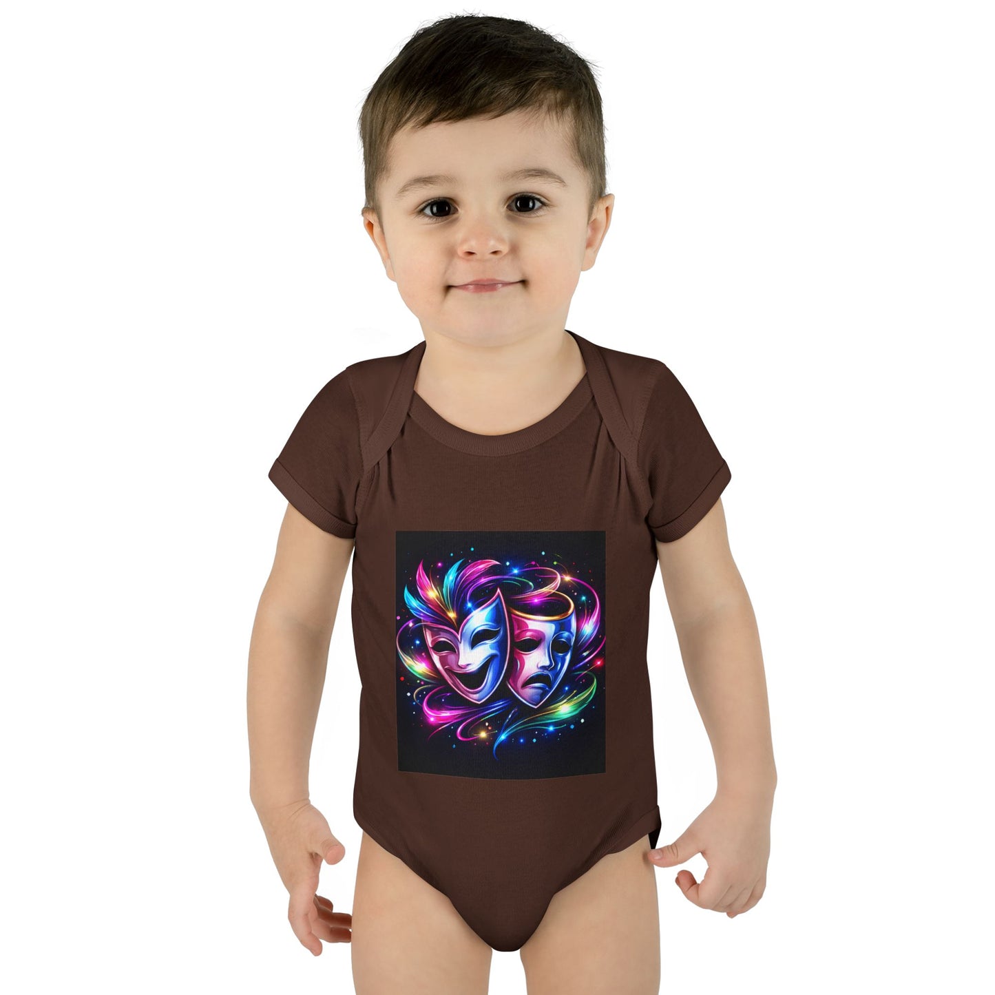 Neon Theatre Masks Infant Bodysuit — Colorful Drama Baby Onesie