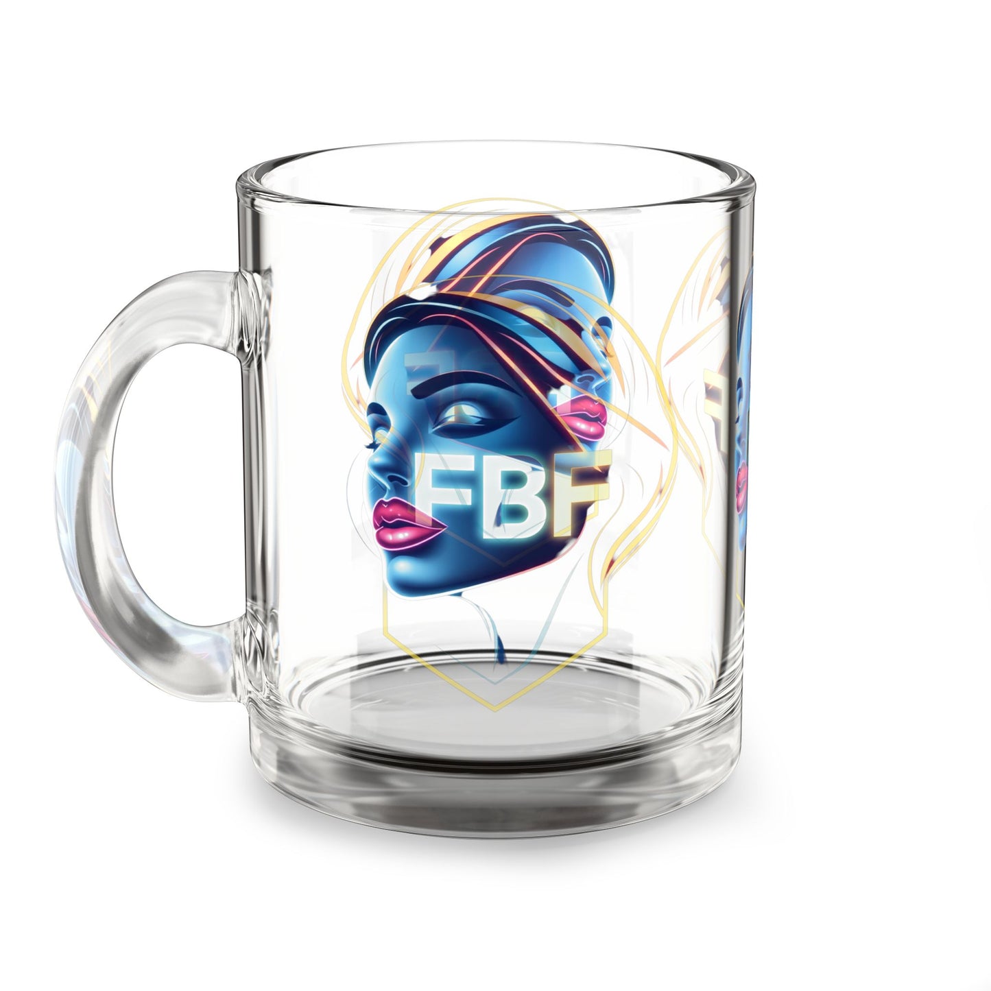 Artistic Glass Mug with FBF Design, Perfect for Coffee Lovers, Unique Gift for Friends, Home Decor, Collectible Cup