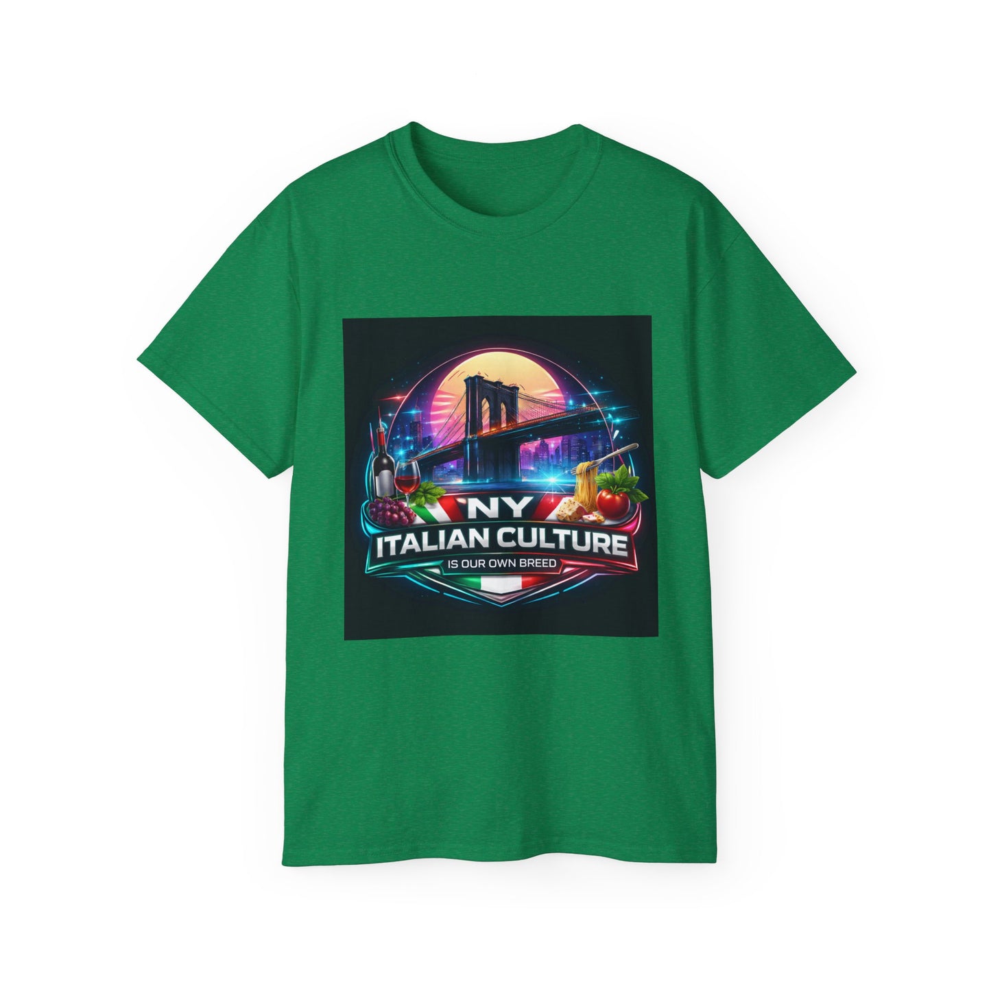 NY Italian Culture T‑Shirt — Retro Neon Brooklyn Bridge Graphic