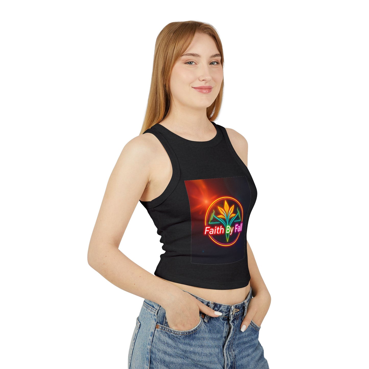 Women's Faith By Fall Racer Tank Top | Crop Top for Summer, Casual Wear, Festival Fashion, Gift for Her, Inspirational Apparel