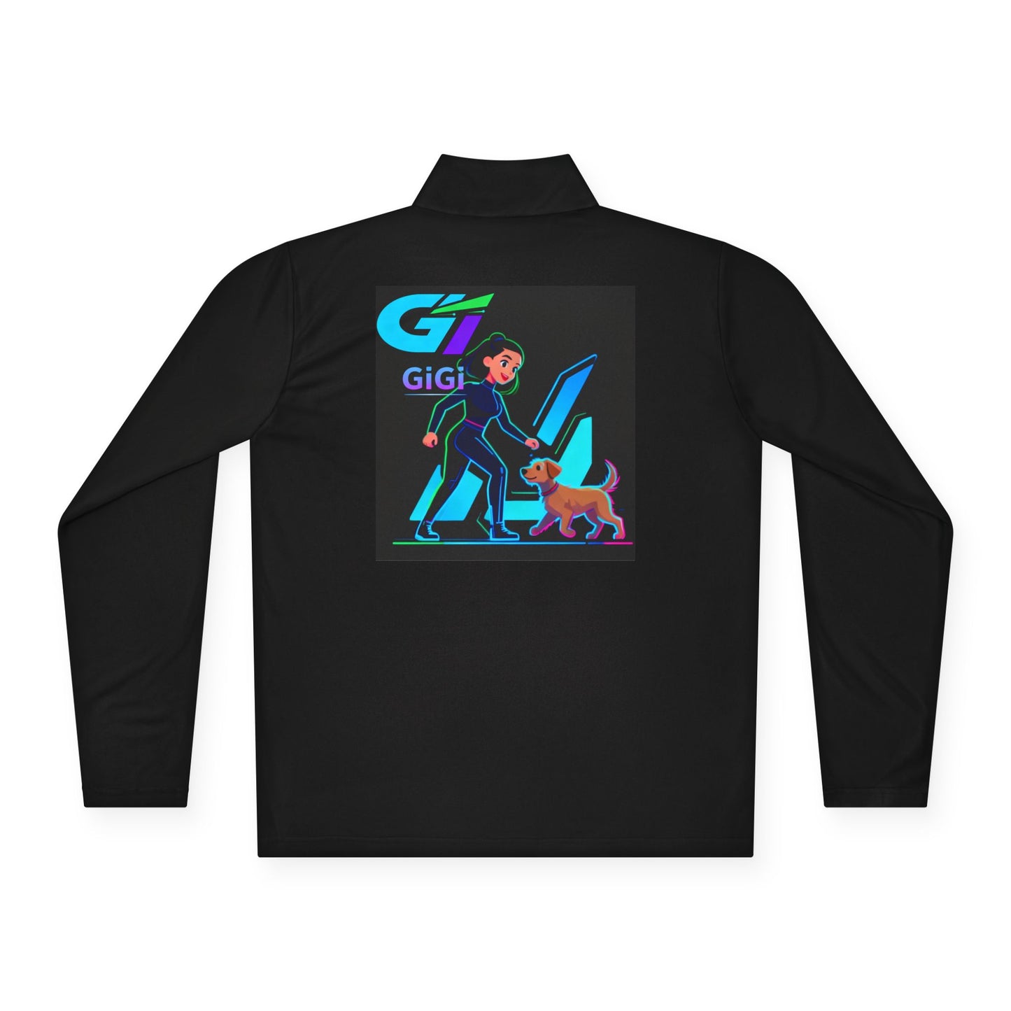 GiGi Logo Quarter-Zip Pullover — Neon Retro Dog Walker Design