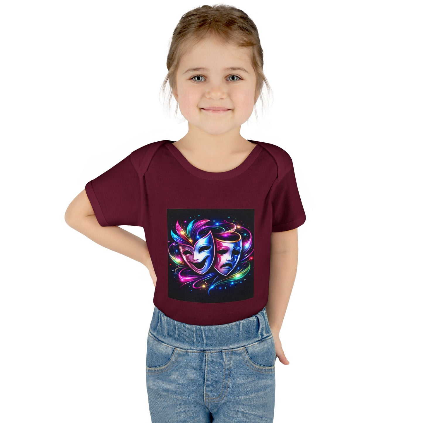 Neon Theatre Masks Infant Bodysuit — Colorful Drama Baby Onesie
