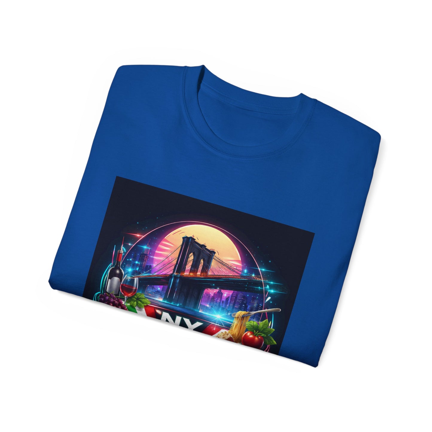 NY Italian Culture T‑Shirt — Retro Neon Brooklyn Bridge Graphic