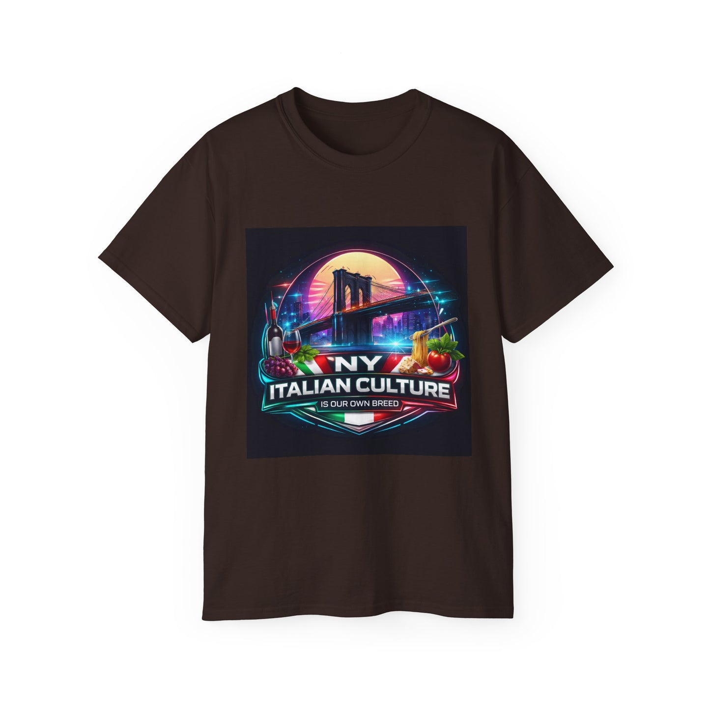 NY Italian Culture T‑Shirt — Retro Neon Brooklyn Bridge Graphic