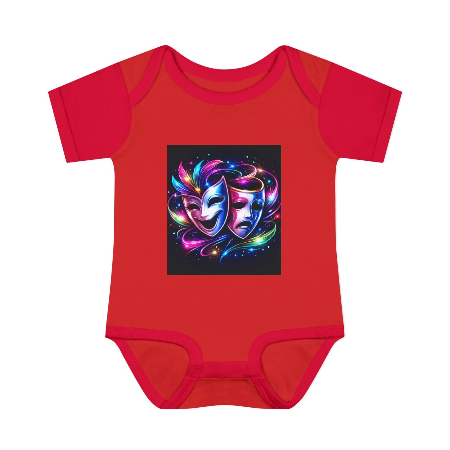 Neon Theatre Masks Infant Bodysuit — Colorful Drama Baby Onesie