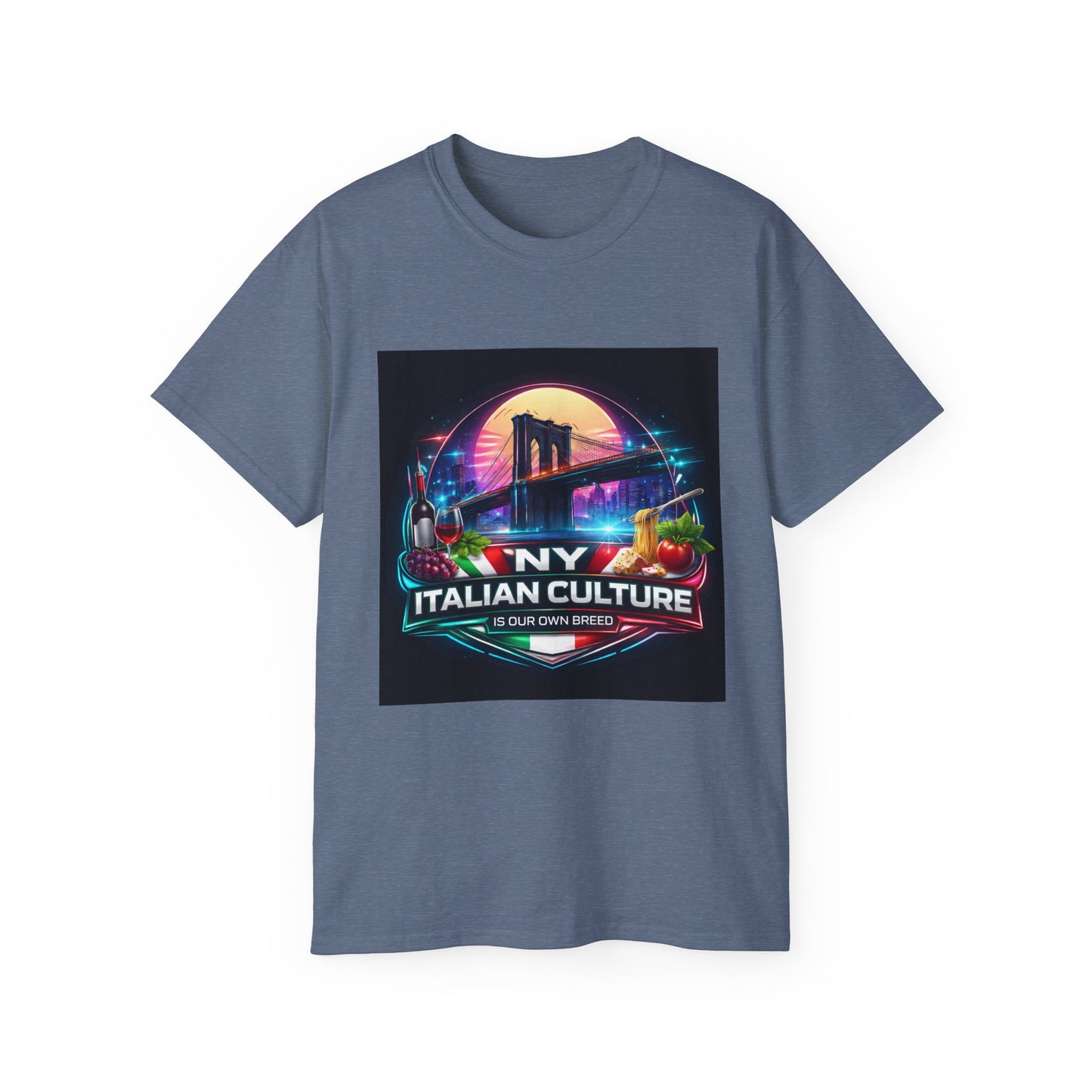 NY Italian Culture T‑Shirt — Retro Neon Brooklyn Bridge Graphic