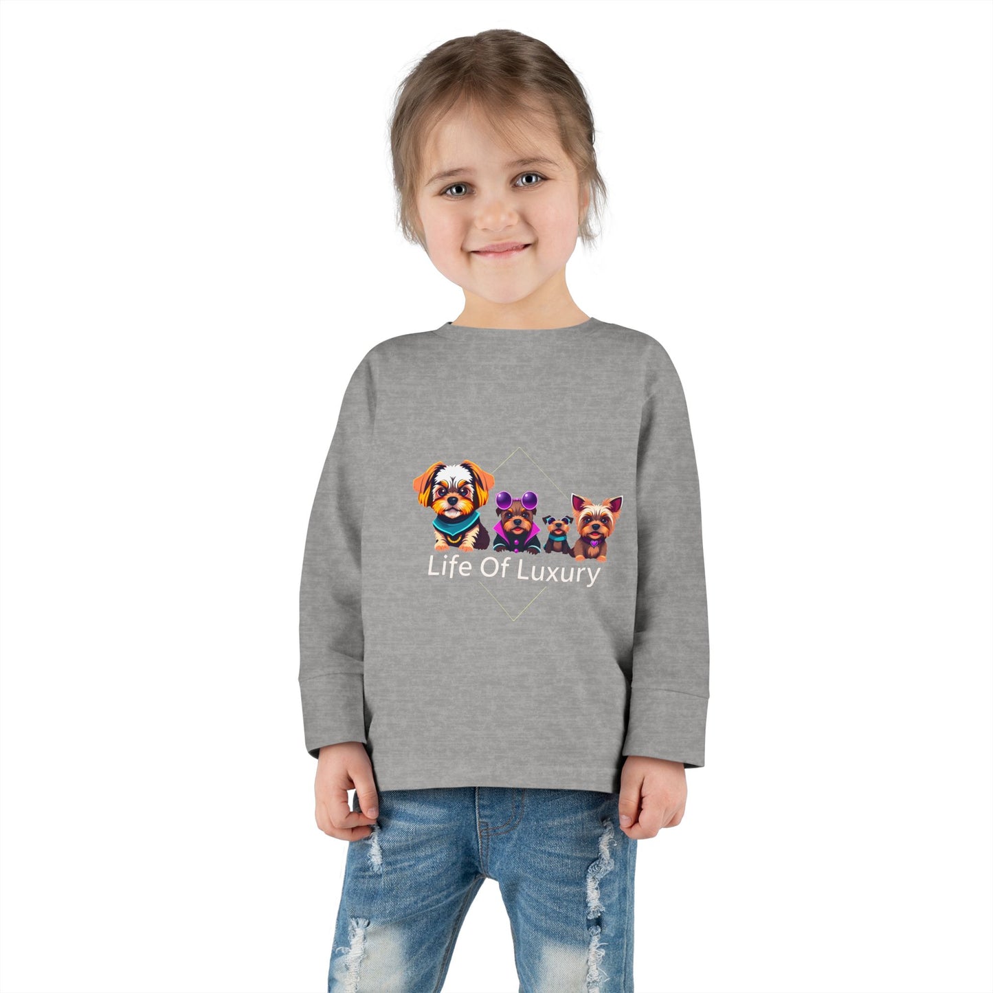 Colorful Toddler Long Sleeve Tee with Fun Dog Design, Life Of Luxury, Cute Pet Shirt, Perfect for Parties, Birthdays, Gift Idea
