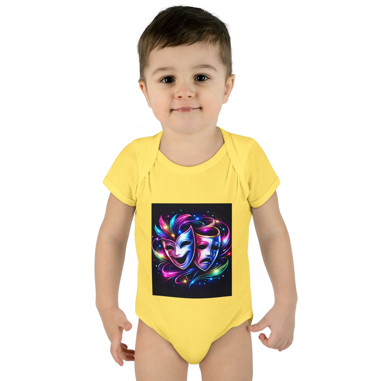 Neon Theatre Masks Infant Bodysuit — Colorful Drama Baby Onesie