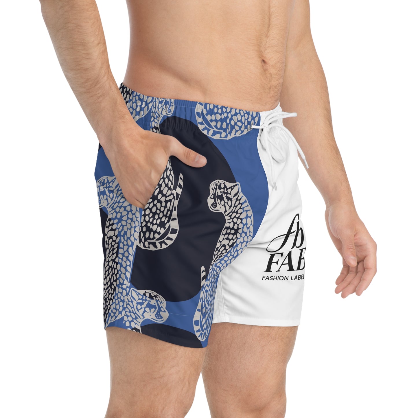 Men’s Black and Blue cheetah Swim Trunks (AOP)