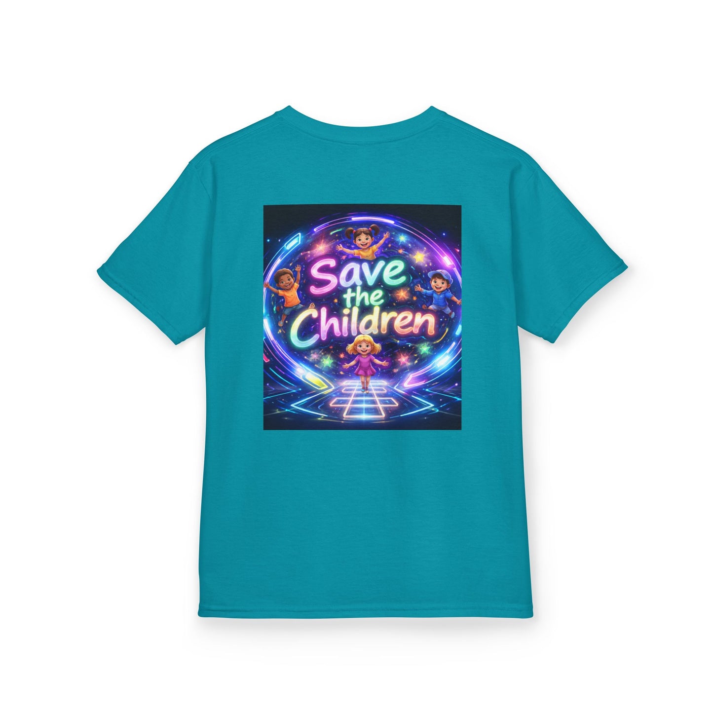 Kids Tee — 'Save the Children' Neon Rainbow Charity Design