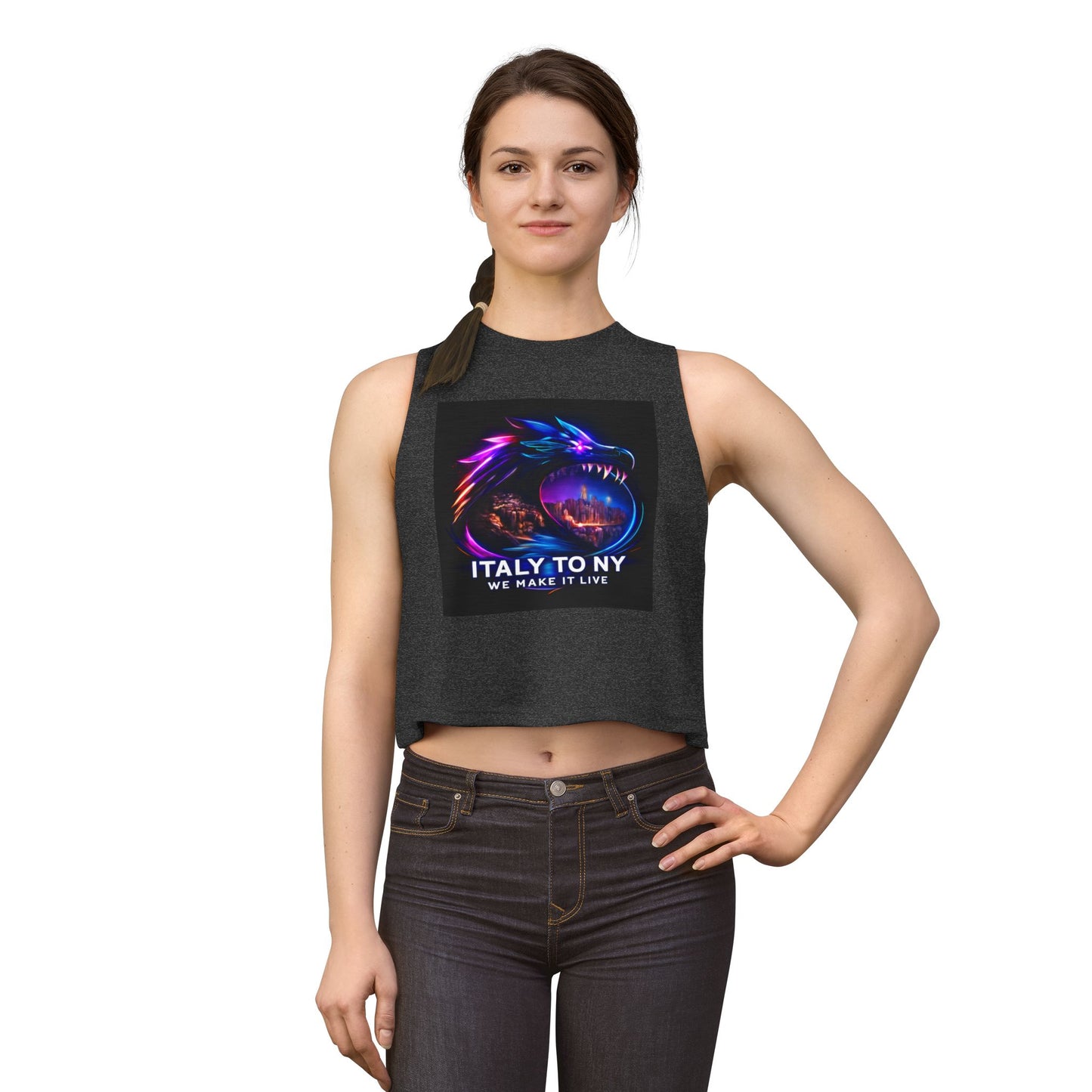 Dragon Logo Crop Top — "Italy to NY We Make It Live" Neon Graphic