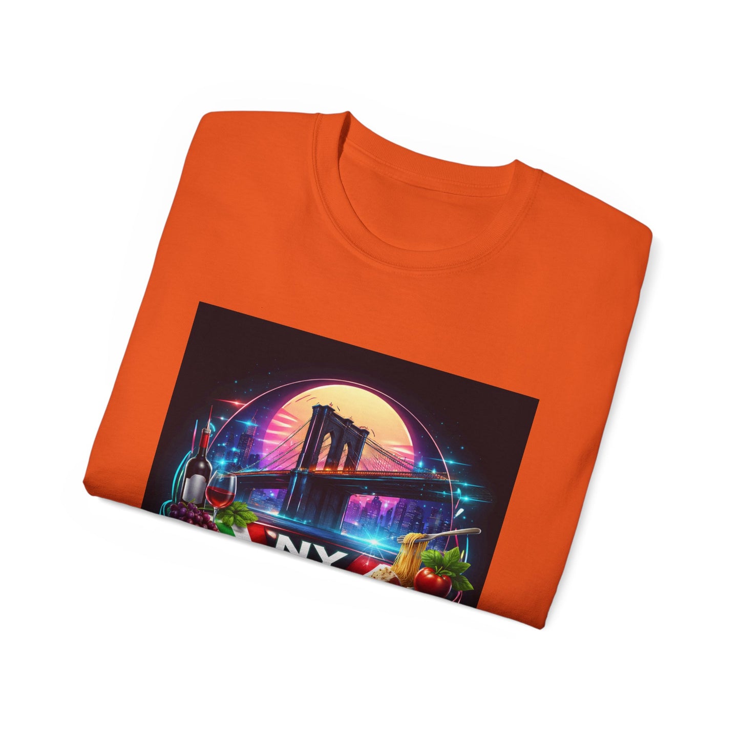 NY Italian Culture T‑Shirt — Retro Neon Brooklyn Bridge Graphic