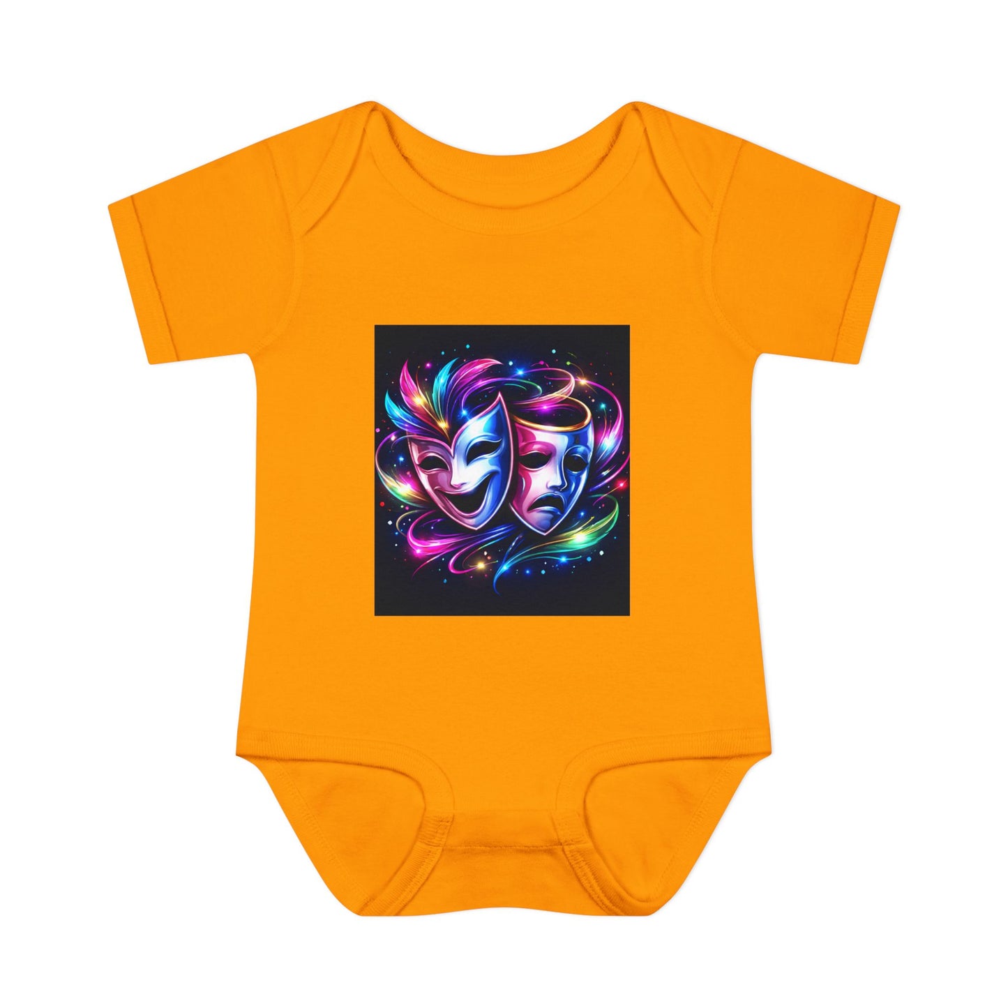 Neon Theatre Masks Infant Bodysuit — Colorful Drama Baby Onesie