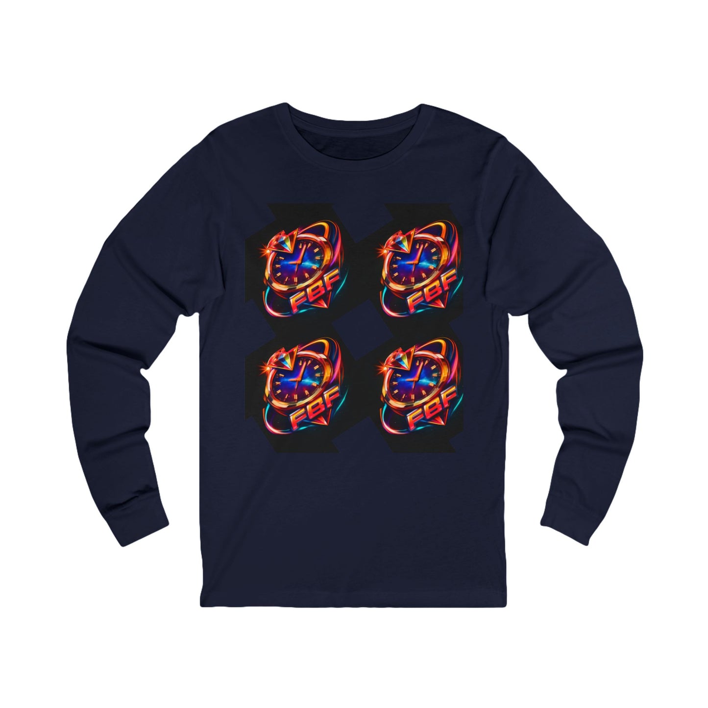 FBF Neon Clock Long Sleeve Tee — Retro Futuristic Timepiece Graphic Shirt