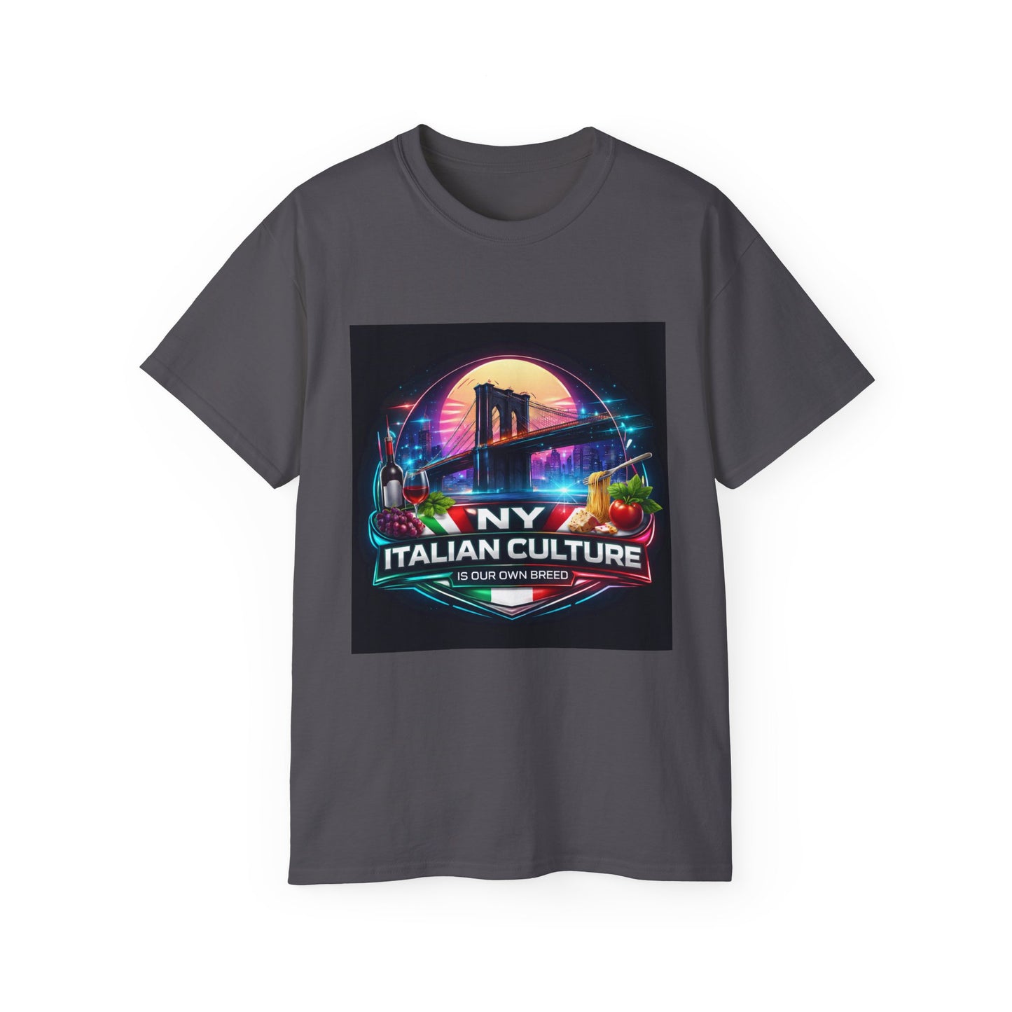 NY Italian Culture T‑Shirt — Retro Neon Brooklyn Bridge Graphic