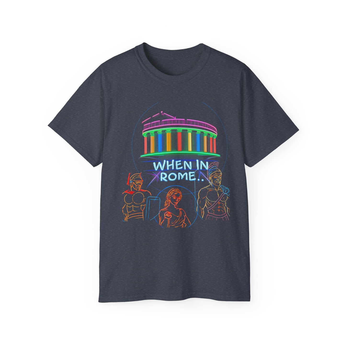 When in Rome Neon Graphic Tee - Roman Gladiator & Colosseum Vintage Style
