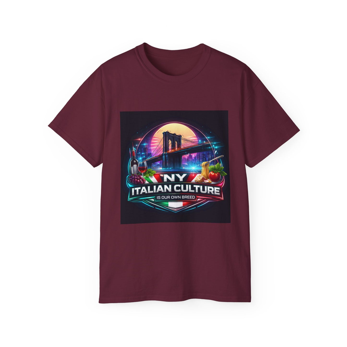 NY Italian Culture T‑Shirt — Retro Neon Brooklyn Bridge Graphic