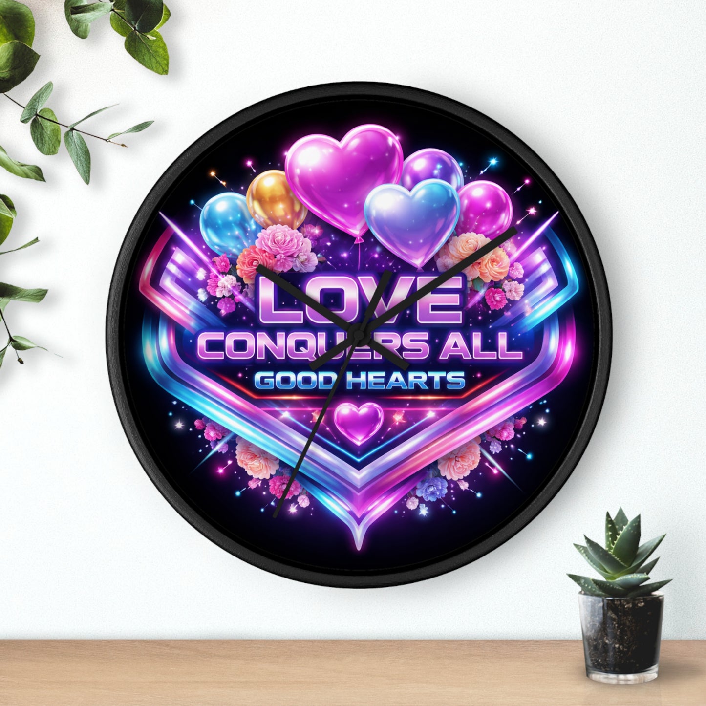 Love Conquers All Wall Clock — Neon Heart Floral Retro Decor