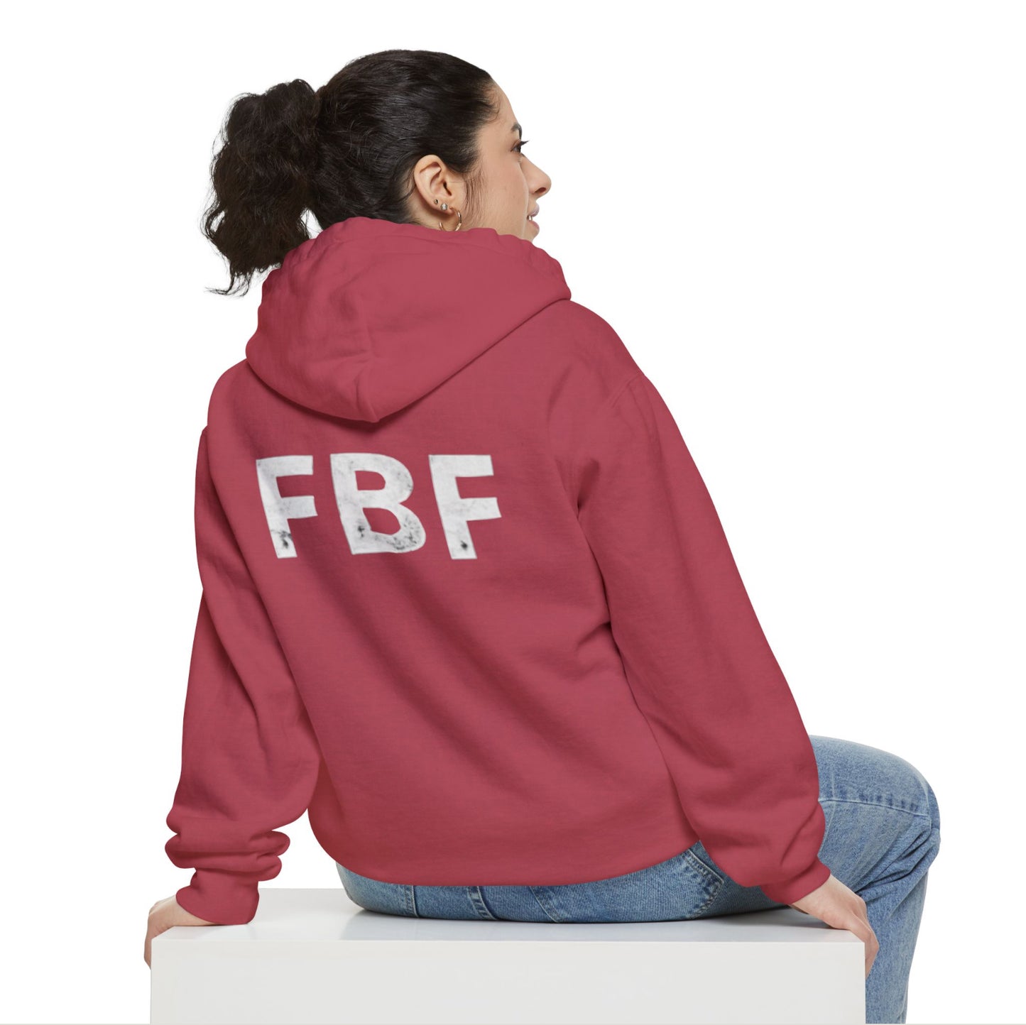Unisex Garment-Dyed Hoodie with 'FBF' Design | Cozy Sweatshirt for Everyday Wear, Unique Gift for Friends, Stylish Casual Wear in Crimson