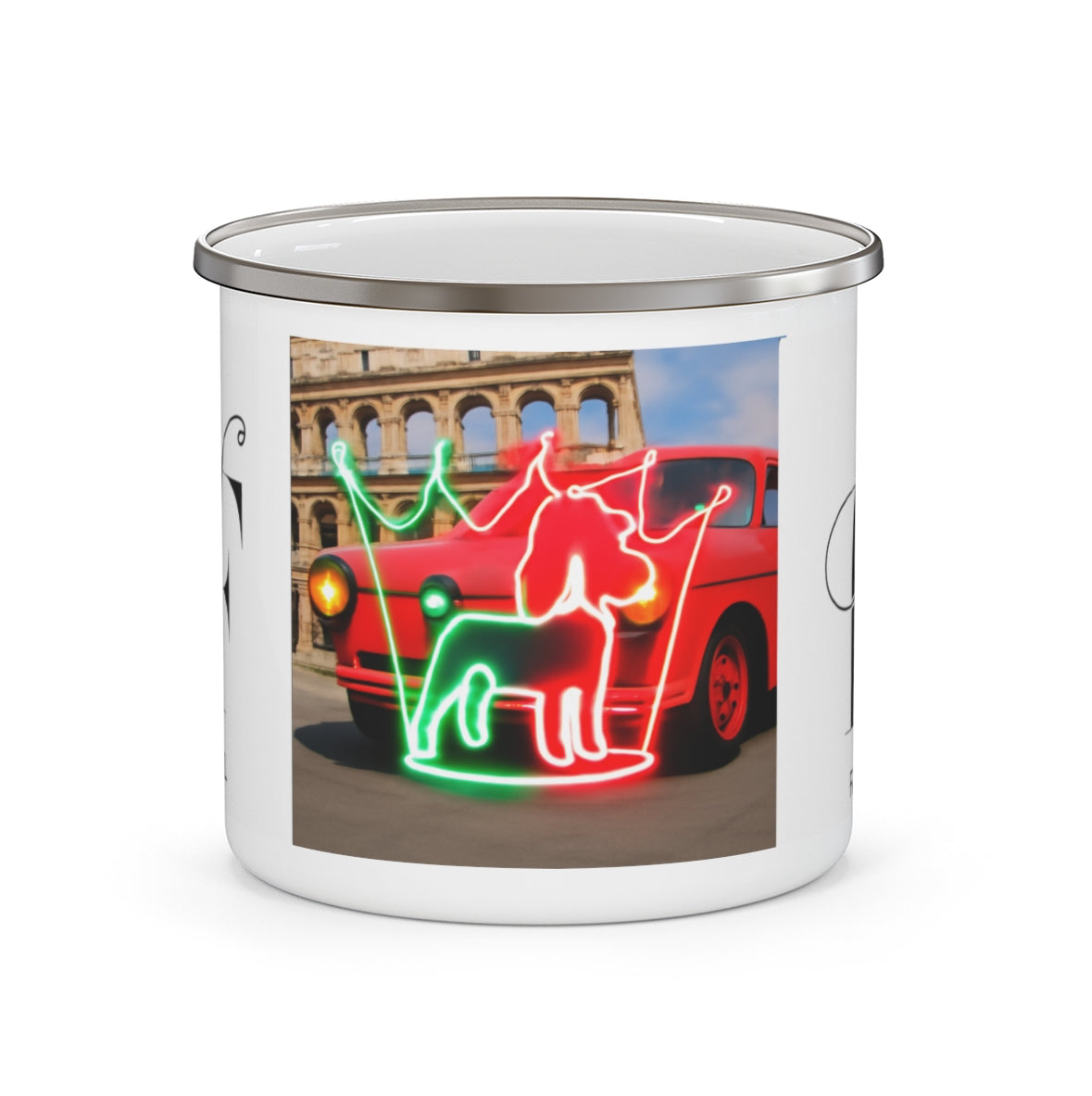 Retro Dog and Car Enamel Camping Mug | Unique Gift for Pet Lovers, Camping Gear, Nostalgic Decor, Outdoor Adventures