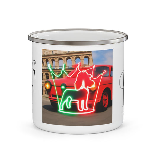 Retro Dog and Car Enamel Camping Mug | Unique Gift for Pet Lovers, Camping Gear, Nostalgic Decor, Outdoor Adventures